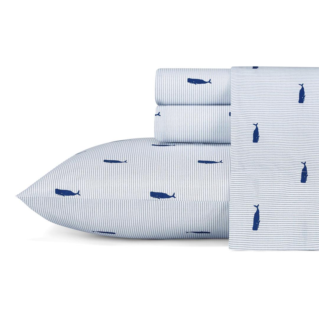 Nautica - Percale Collection - Bed Sheet Set - 100% Cotton, Crisp & Cool, Lightweight & Moisture-Wicking Bedding, Queen, Whale Stripe