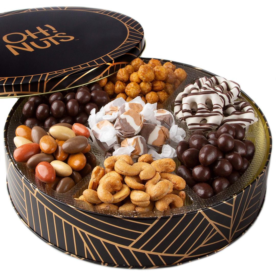 Chocolate Gift Basket Tins Gift Box, Gourmet Candy Basket Holiday Chocolates Covered Pretzels Gifts Food Sets For Men Women Prime Baskets Delivery Thanksgiving Valentines Day Delivered by Oh Nuts