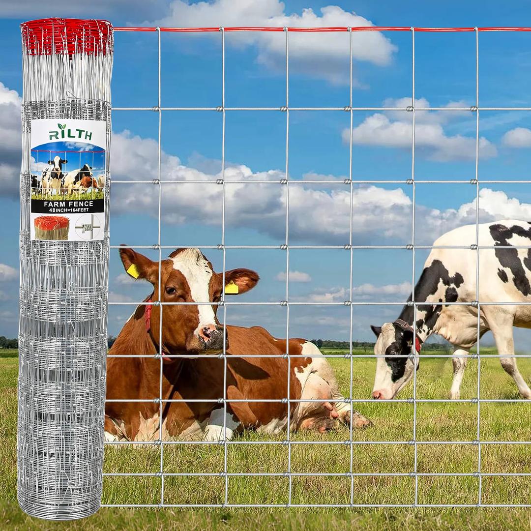 Thickened Farm Fence 4x164FT, Galvanized Cattle Fence with Red Warning Line on Top, Heavy Zinc-Coated Wire Fencing, Field Fence, Deer Fence, Goat Fence, Hog Panels, for Livestock & Yard Garden