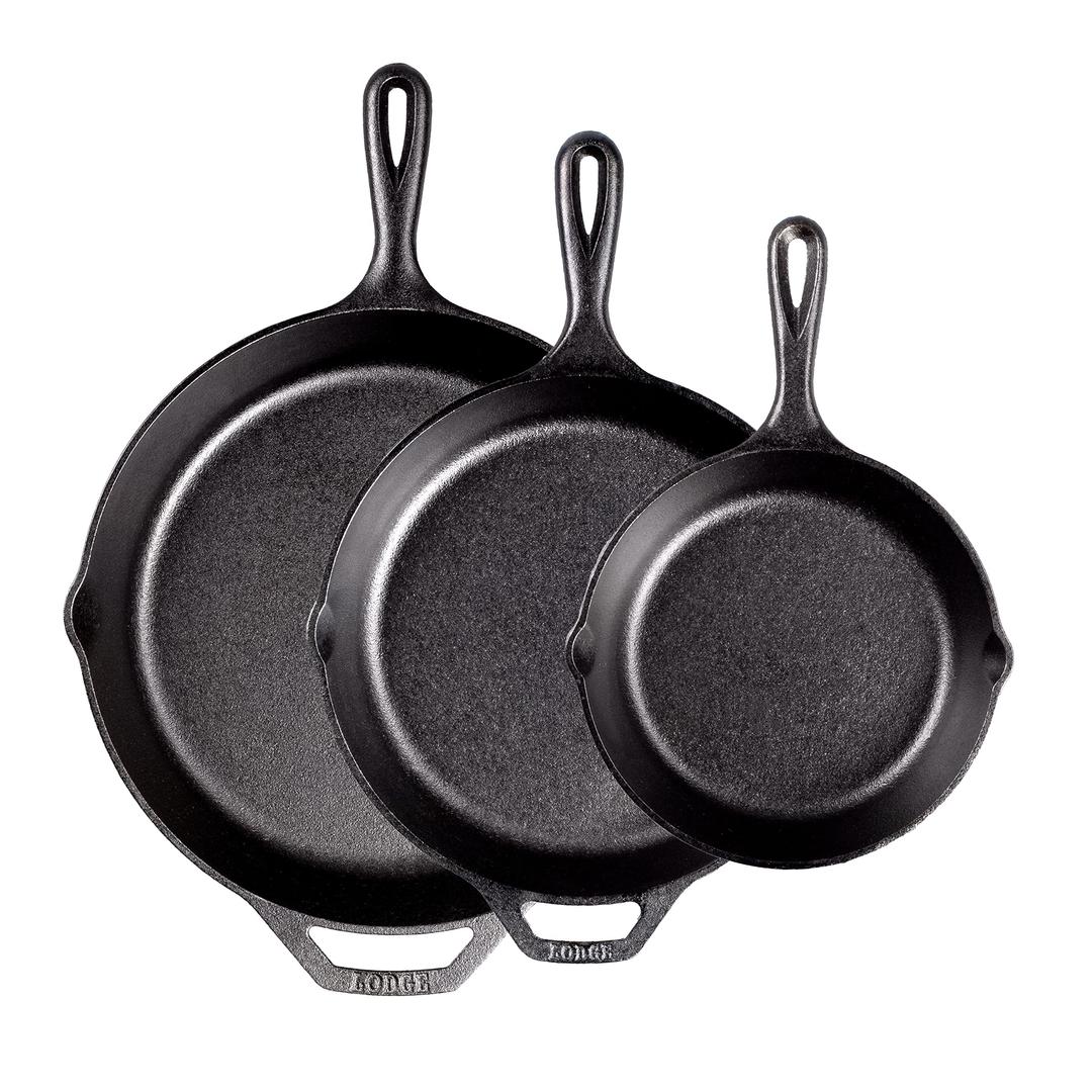 Lodge Pre-Seasoned Cast Iron Skillet Set - Set Includes 8 Inch Skillet, 10.25 Inch Skillet, and 12 inch Skillet - 3 Piece