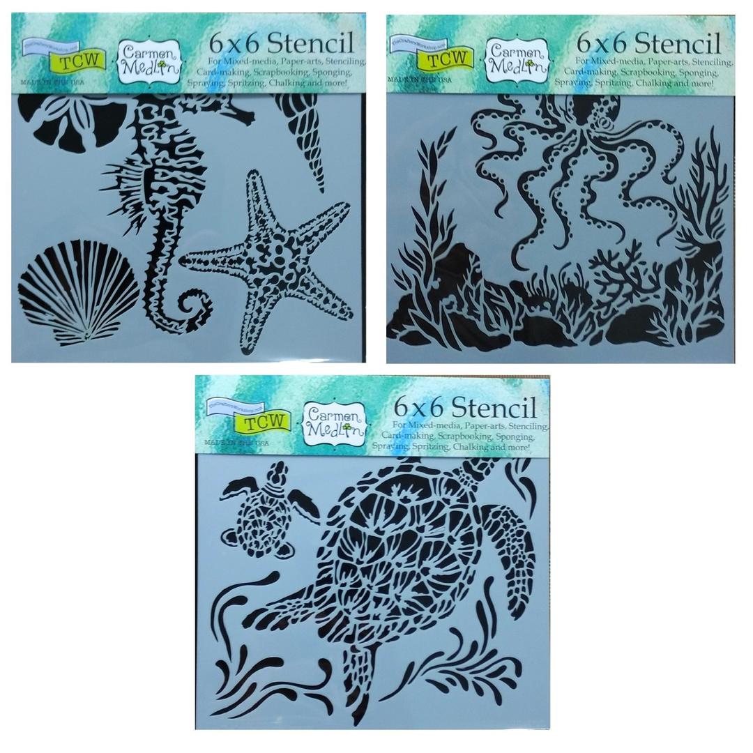 3 Crafters Workshop Mixed Media Stencils Set| for Arts, Card Making, Journaling, Scrapbooking | 6 Inch x 6 Inch Templates | Sea Creatures, Octopus, Sea Turtles