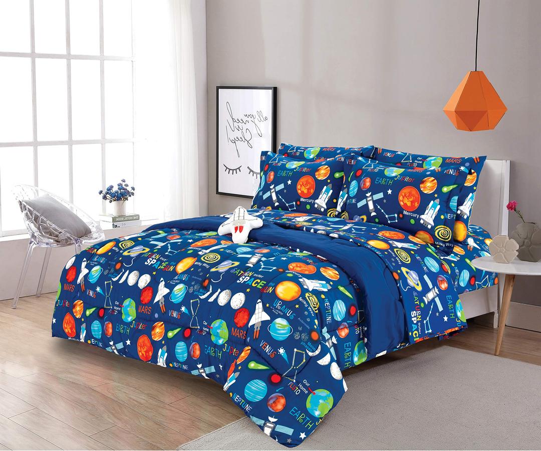 Sapphire Home 6 Piece Space Themed Twin Bedding Set for Boys, Bed in a Bag, Kids Comforter Set with Bed Sheets, Pillow Case, Toy Pillow, Planets, Solar System Bedroom Kit for Toddlers, Twin Size