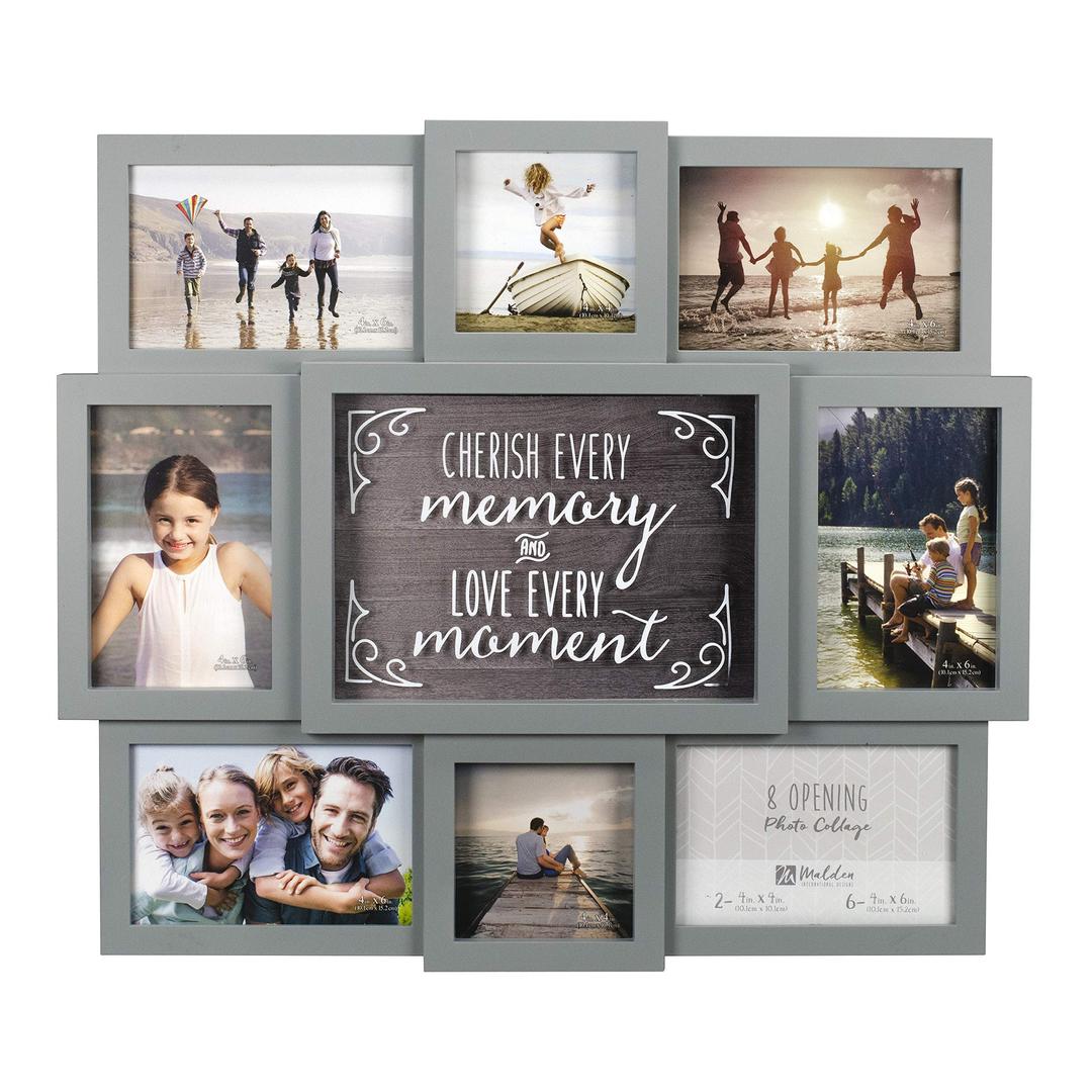 Malden International Designs Gray Cherish Every Moment 8-Opening Sentiment Dimensional Picture Frame Wall Collage, 8372-08