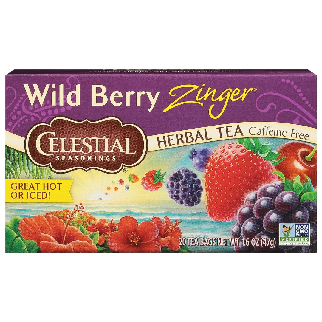 Celestial Seasonings Wild Berry Zinger Herbal Tea, Caffeine Free, 20 Tea Bags Box