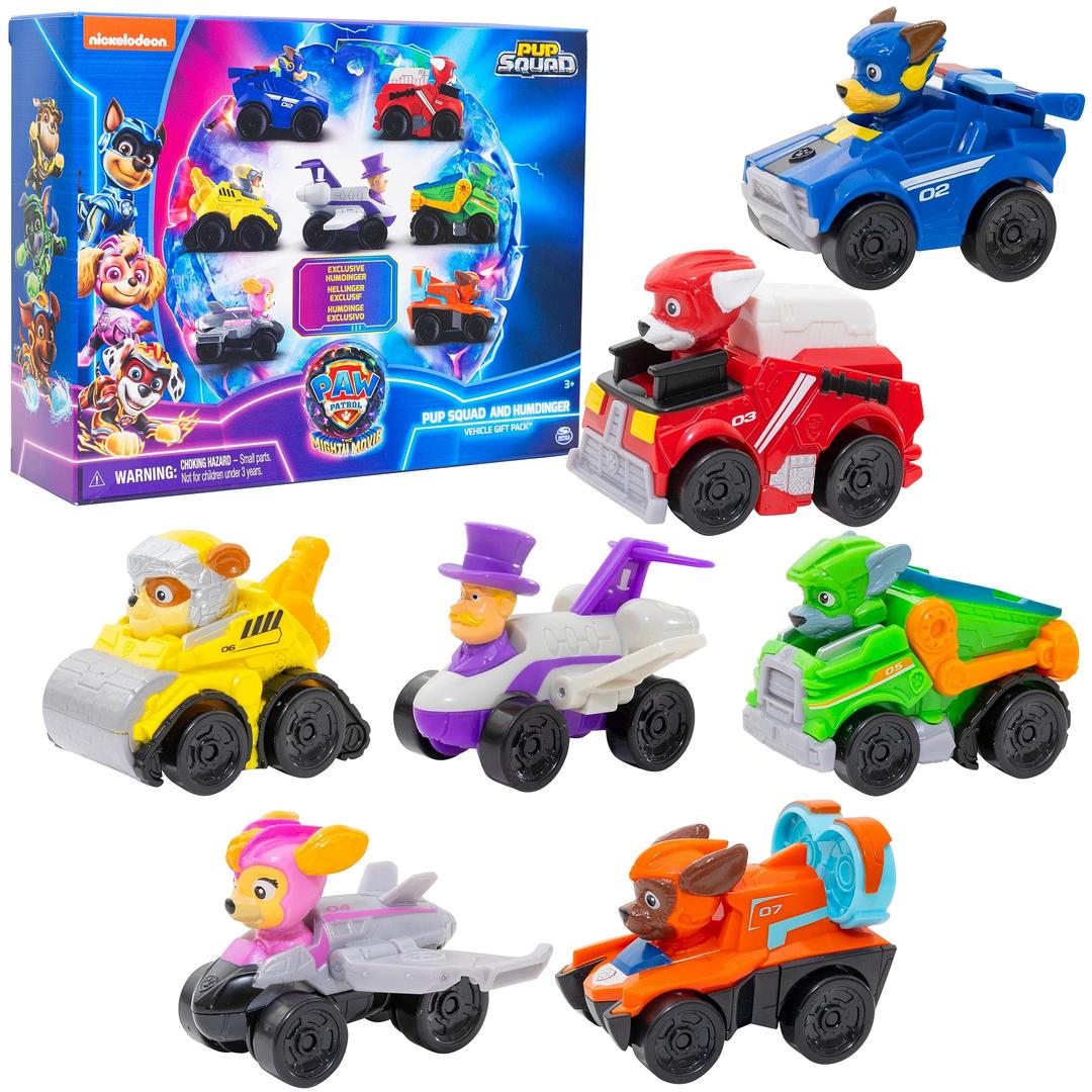 Paw Patrol: The Mighty Movie, 7-Piece Mighty Pups Pup Squad Racers Set with Exclusive Mayor Humdinger Toy Car, Kids’ Toys for Boys and Girls 3+