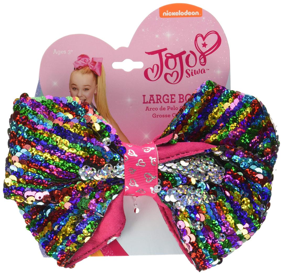 JoJo Siwa Large Cheer Rainbow Hair Bow with Reversible Sequins on Elastic Ponytail Holder, Medium, Multicolor