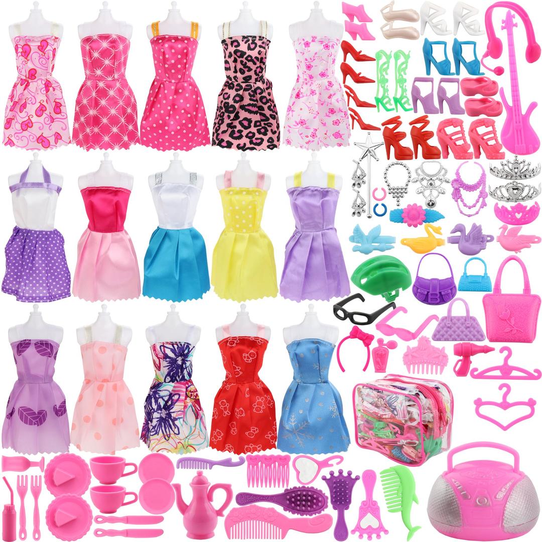 SOTOGO 106 Pcs Doll Clothes Set for Barbie Dolls Include 15 Pack Clothes Party Grown Outfits and 90 Pcs Different Doll Accessories for Little Girl