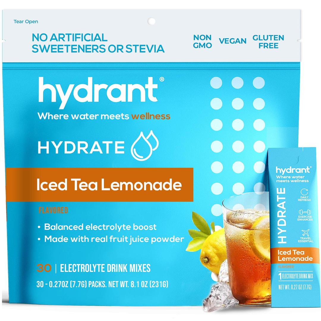 Hydrant Hydrate 30 Stick Packs, Electrolyte Powder Rapid Hydration Mix, Hydration Powder Packets Drink Mix, Helps Rehydrate Better Than Water (Iced Tea Lemonade, 30 Pack)