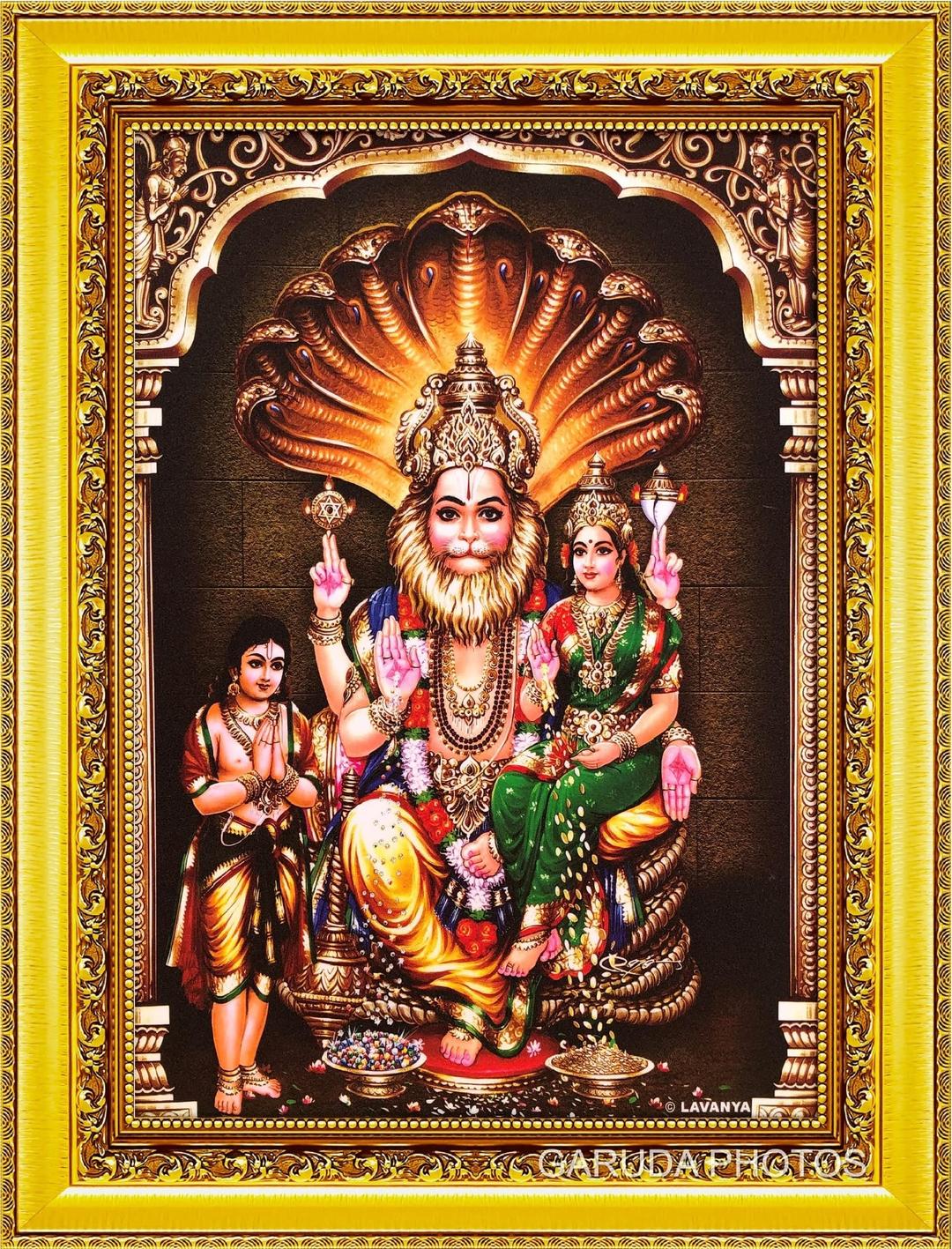 Garuda Photos - Lakshmi Narasimha Swamy Photos/Sri Laxmi Lord God Bhagwan Narsingh Dev Narasingha Dev Narsimha Narasimhar swami Trimurti Prahlad Photo frame; (Small 9x7 Inch)