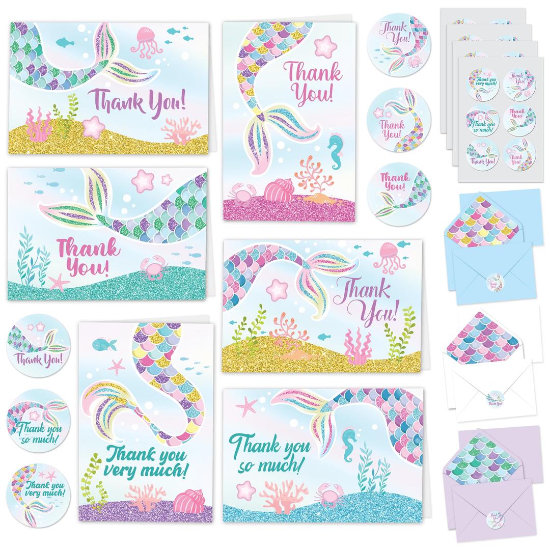 Decorably Thank You Cards with Envelopes & Stickers, Baby Shower Cards - 30 Mermaid Thank You Cards Kids with Envelopes & Stickers, Blank Inside Under the Sea Thank You Cards, 4.9x3.5 Thank You Notes