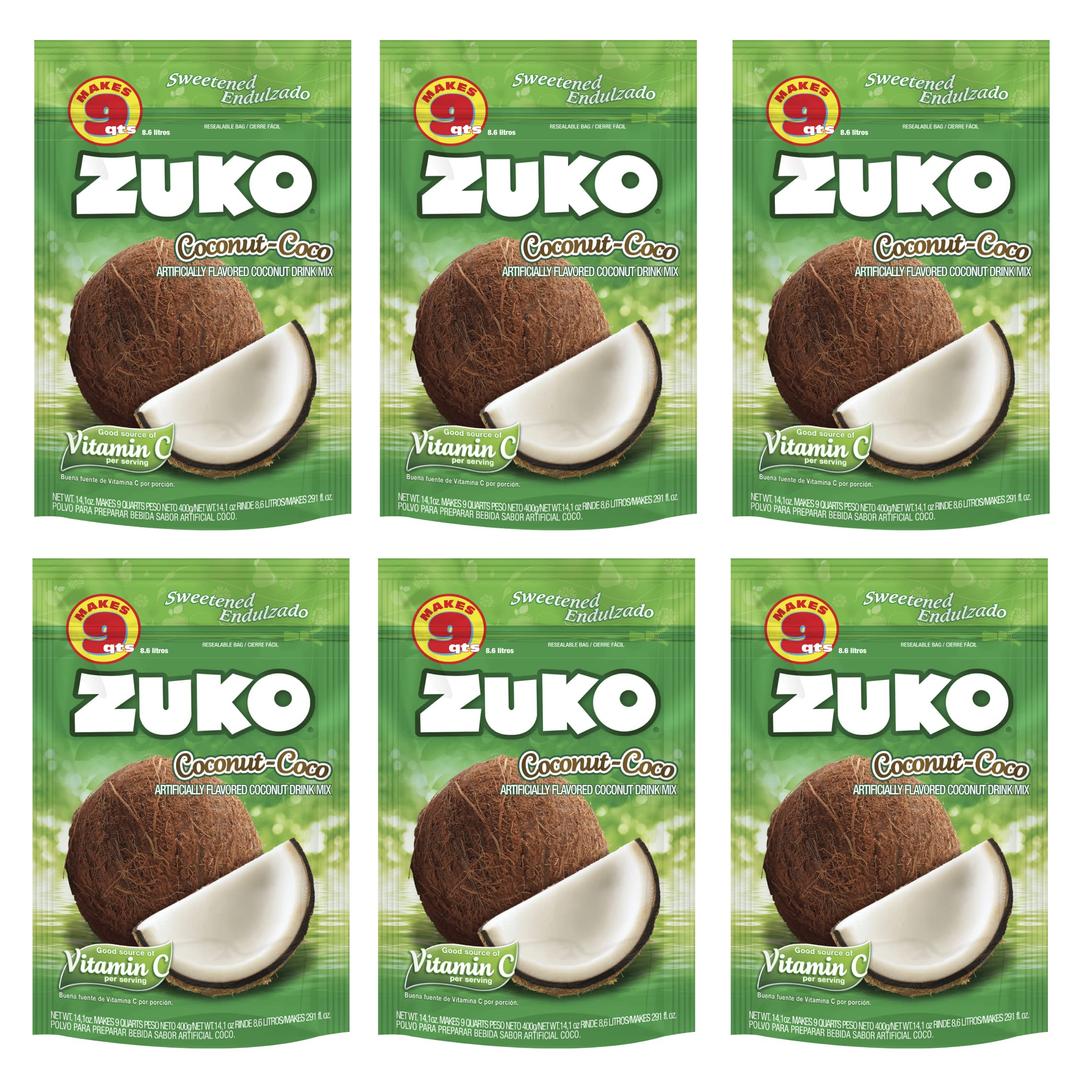 Zuko Coconut Instant Powder Drink | Family Pack | No Sugar Needed | Vitamin C | 14.1 Ounce (Pack of 6)