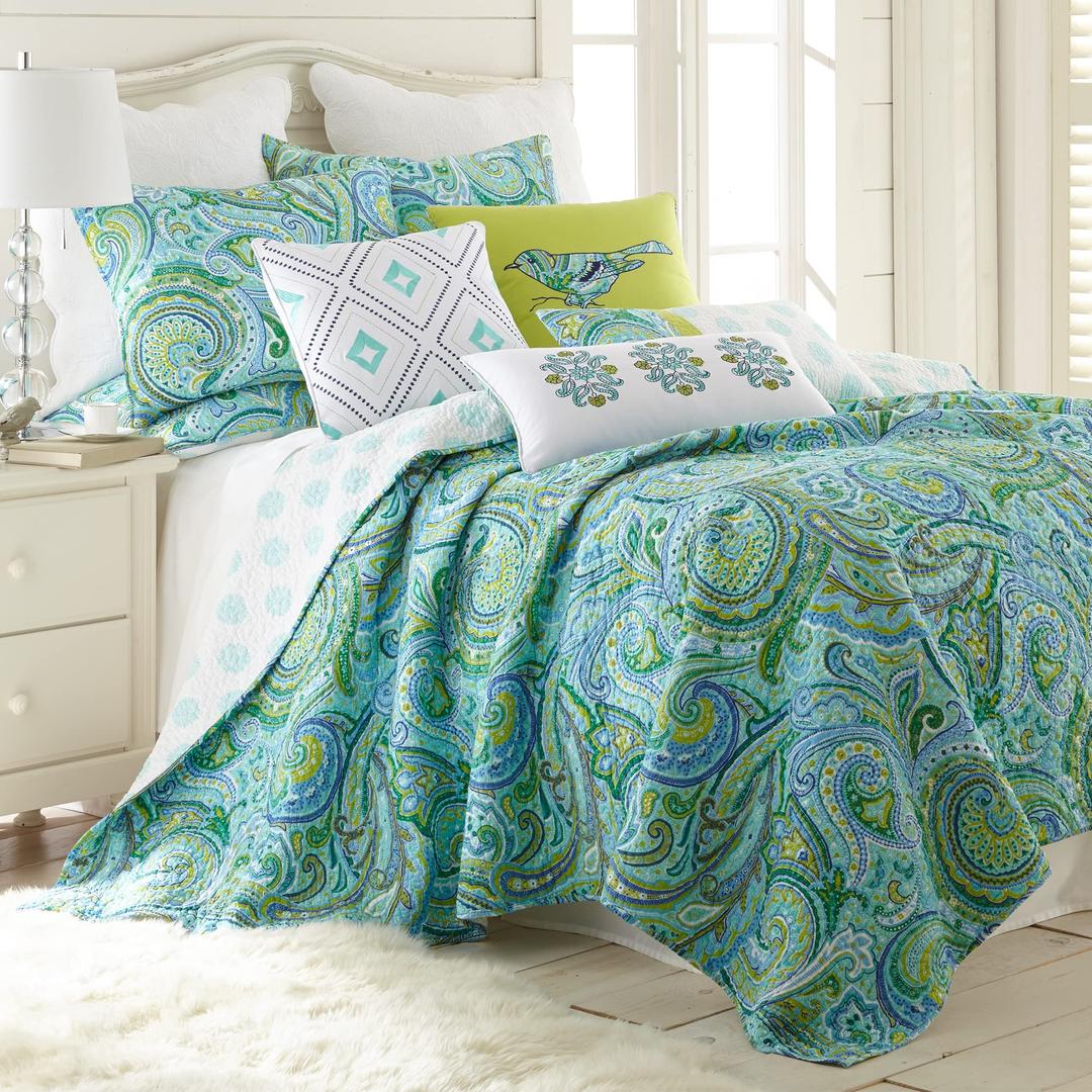 Levtex HomeSpruce Teal Quilt Set - King Quilt + Two King Pillow Shams - Paisley Pattern in Teals, Greens and Blues - Quilt Size (106 x 92) and Pillow Sham Size (36 x 20) - Reversible - Cotton