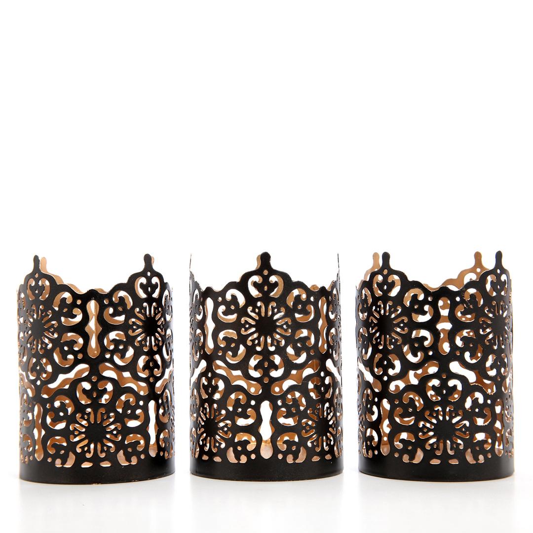 Hosley Set of 3 Black Finish Metal Candle Holders 4 Inch High Lattice Cut Lanterns for Coordinated Elegance and Enchanting Illumination Elevate Your Decor