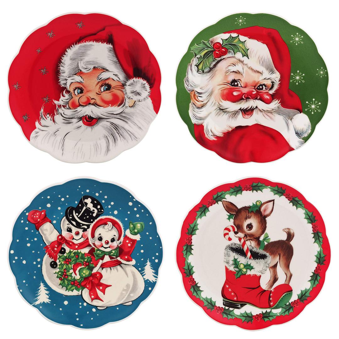 Mr. Christmas Vintage Christmas Dessert Plates Dinnerware, 8 Inch, Set of 4, Holiday Characters