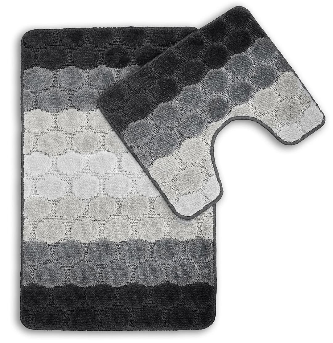 Velosso Non Slip Striped 2 Piece Bath Mat & Pedestal Mat Multi Hex Stripes (Grey)