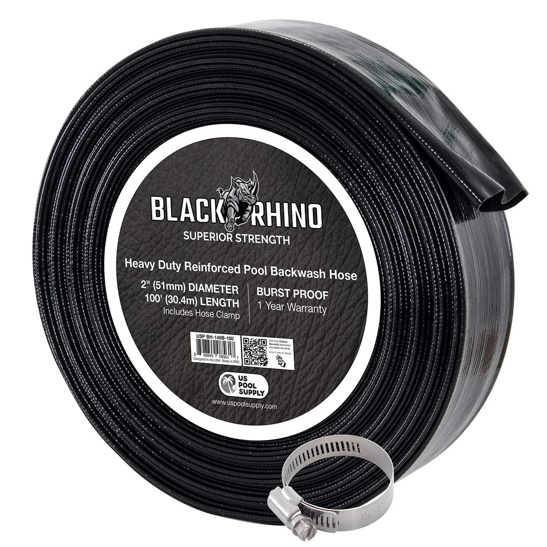 U.S. Pool SupplyBlack Rhino 2" x 100' Pool Backwash Hose with Hose Clamp - Extra Heavy Duty Superior Strength, Thick 1.2mm (47 mils) - Weather Burst Resistant - Drain Clean Swimming Pools and Filters