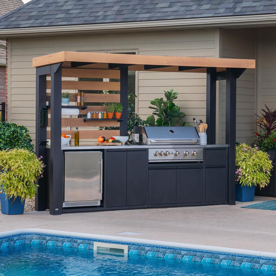 Backyard Discovery Fusion Flame Turn-Key Outdoor Kitchen with 38-inch Stainless Steel 5-burner Grill Island, Sear Zone, Infrared Burner, Outdoor-Rated Refrigerator, Storage, Steel Roof for Deck, Patio