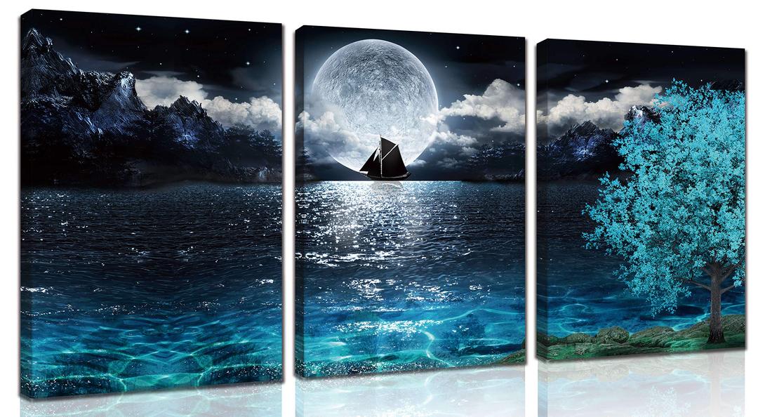 Moon Wall-Art - Teal Ocean Modern Decor Wall Decor For Living Room - Wall Art For Bedroom On Canvas Framed Size 12x16 Inches x3 Pieces