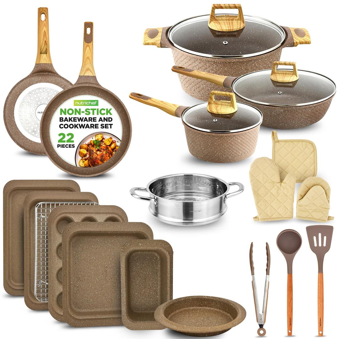 Nutrichef 22-Piece Maroon Marble Non-Stick Cookware and Bakeware Set - Professional Home Kitchen Collection with Multi-Sized Pots, Pans, and Heat-Resistant Tools