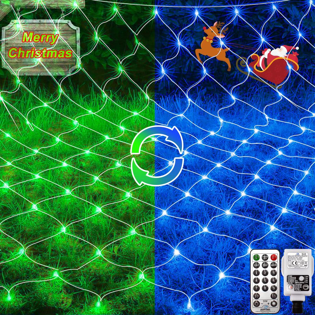 Hezbjiti Outdoor Net Lights, 3M x 2M 200 LED Net Mesh Lights 11 Modes Colour Changing Garden Net Lights Tree Wrap Hanging Lights for Gazebo Lawn Bushes Fence Indoor Balcony Backdrops (Blue to Green)