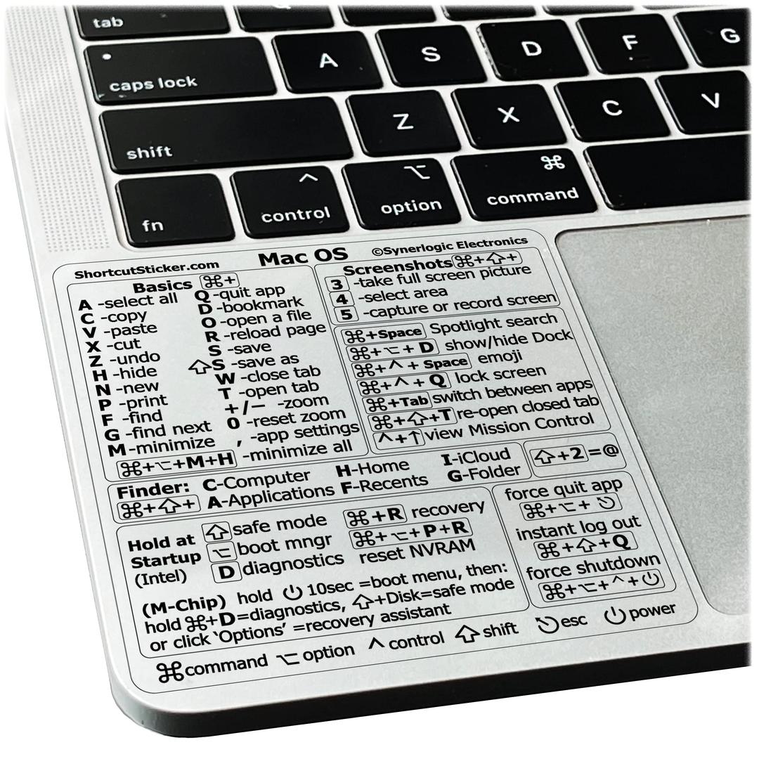 Mac OS Shortcuts Sticker | Mac Keyboard Stickers for Mac OS | No-Residue Laminated Vinyl MacBook Stickers for Laptop | MacBook Shortcut Stickers for 13-16" Air and Pro (Clear/Black)