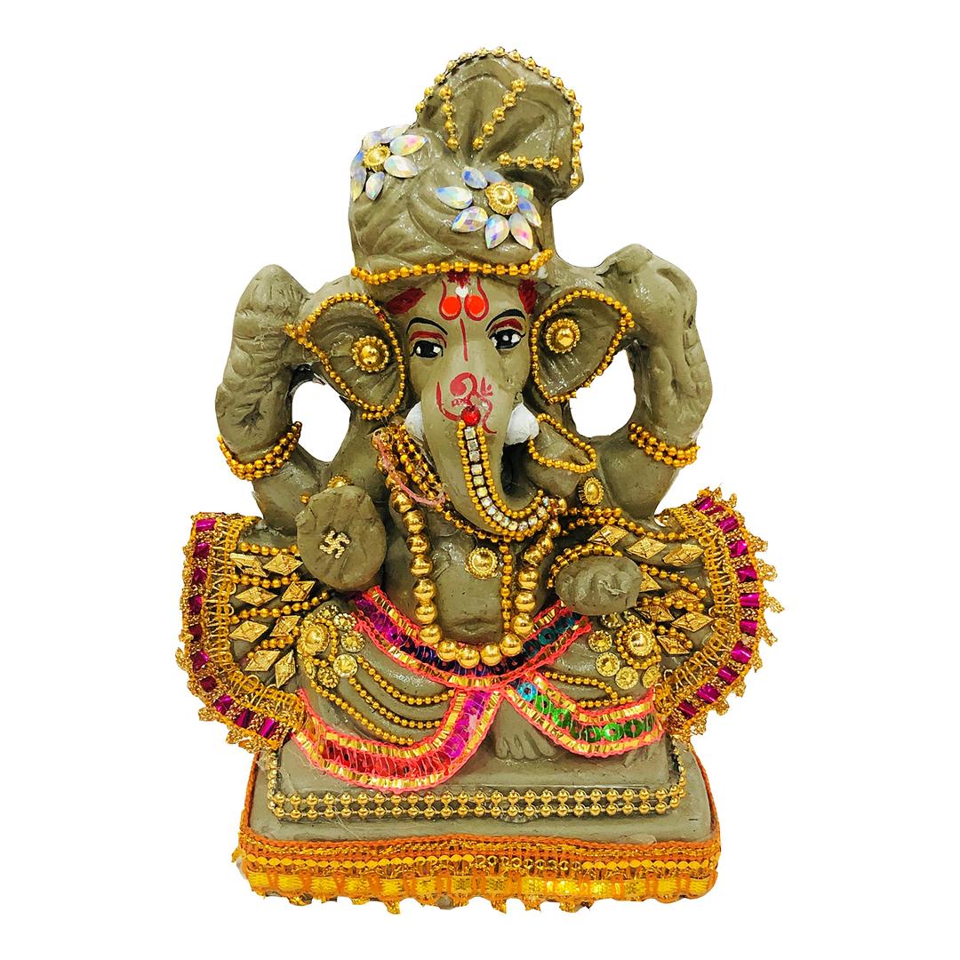 SHOPMEFAST Bejeweled Eco Friendly Handcrafted Clay/Mud Ganpati Murti Biodegradable Kacchi Mitti Ganesha Water Soluble Ganesh Idol for Ganpati Visarjan (H: 7 Inches, Medium)