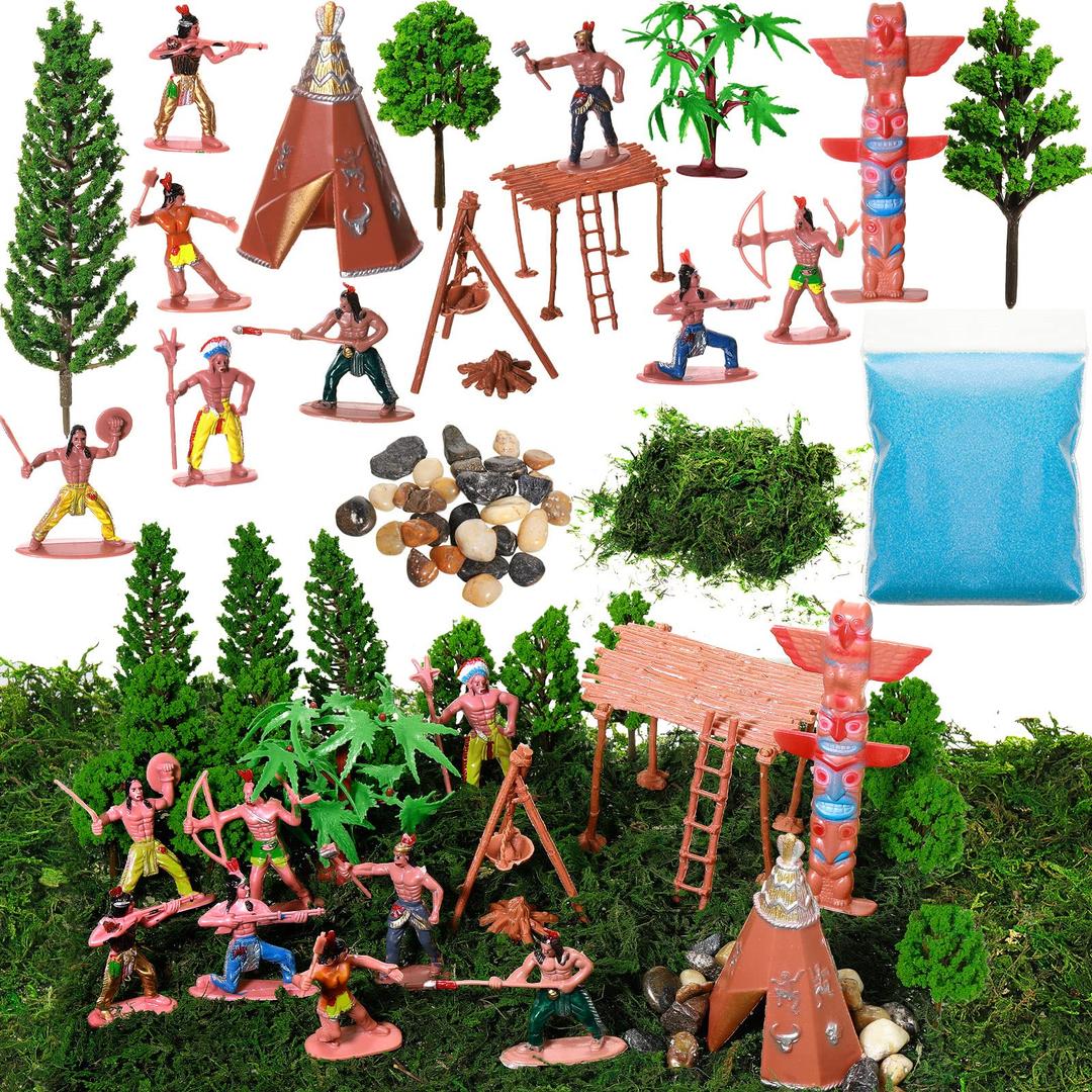 28 Pcs Native American Indians Figures Toys Set, Cowboys Historical People Diorama Materials Kit, Mixed Model Trees, Green Moss, Stone for School Diorama Box Project Kids Educational Birthday Gift