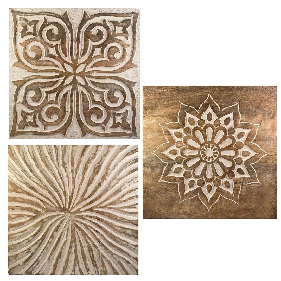 3 piece carved wood wall decor. Aesthetic wood wall art. Hand carved wall art. Wooden hanging wall plaques panels 12" x 12". Solid wooden rustic wall art for living room bedroom office or kitchen