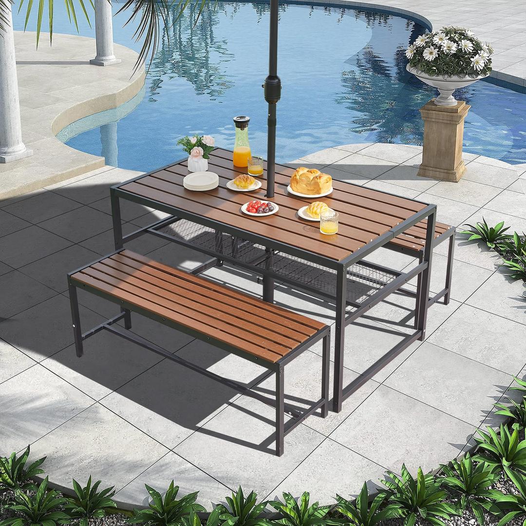 Outdoor Picnic Table and Bench Set with 2" Umbrella Hole and Storage Shelf, Patio Dining Set for 6 People, Outdoor Dining Table and Chair for Garden Yard Porch- Brown