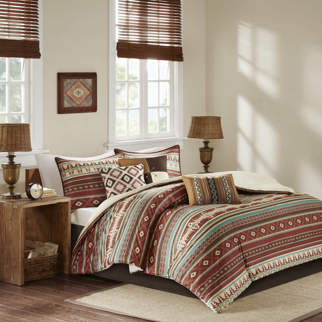 Madison Park Cozy Comforter Set-Rustic Southwestern Style All Season Down Alternative Casual Bedding, Matching Shams, Decorative Pillows, Queen (90 in x 90 in), Spice Brown Multi