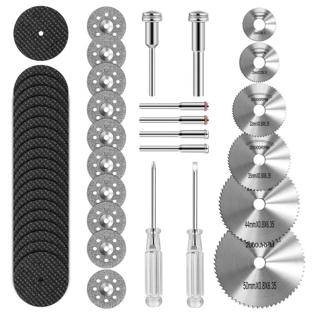 Cutting Wheel Set Compatible with Plastic 44pcs for Rotary Tool, HSS Circular Saw Blades 6pcs, Resin Cutting Discs 20pcs, 545 Diamond Cutting Wheels 10psc with 2 Screwdrivers