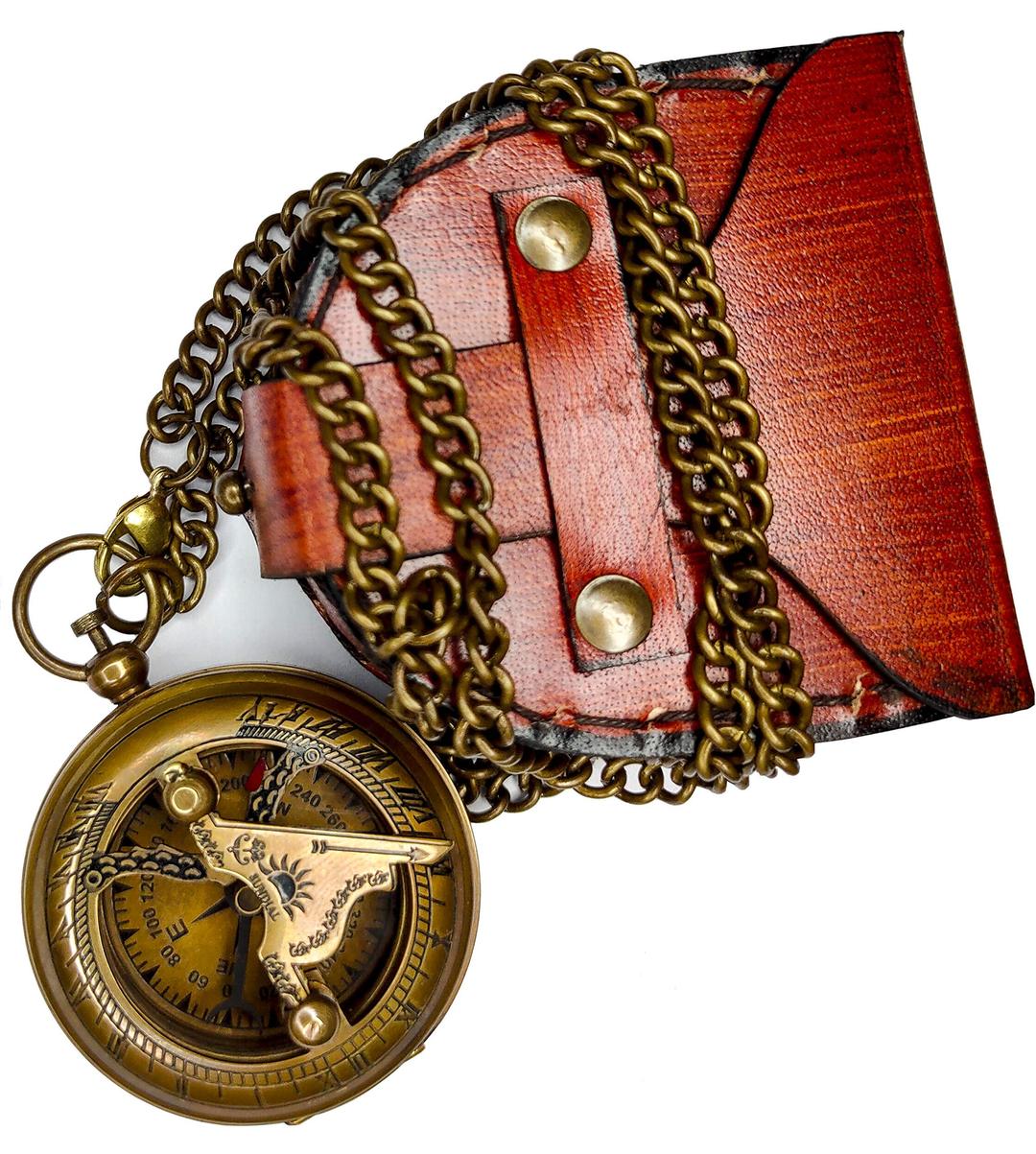 Expressions Enterprises Brass Sundial Compass Pocket Compass with Leather Case and 24 Inch Chain, Maritime Push Button Sundial 2 Inch