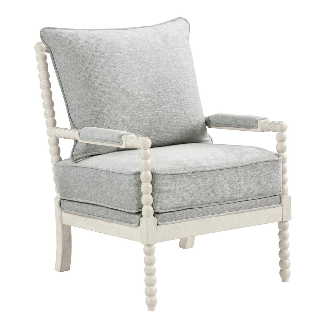 OSP Home Furnishings Kaylee Spindle Accent Chair with Antique White Wood Frame, Smoke Grey Fabric