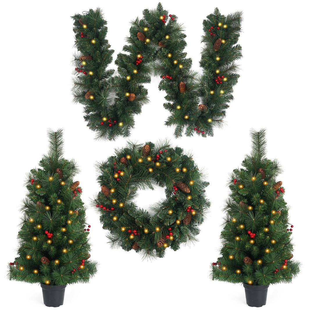 Pre-lit Christmas 4-Piece Set, Garland, Christmas Wreath and Set of 2 Entrance Trees, Christmas Decorations with Led Lights and Timer for Entrance Pathway Front Door