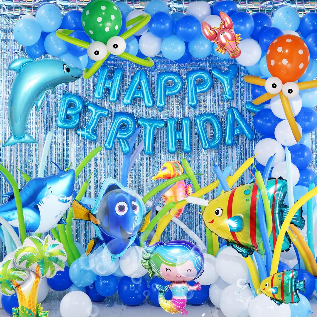 Under the Sea Party Decorations - Ocean Theme Birthday Party Set Including Sea Animal Balloons,Shark Decorations,nemo Balloon, Blue Balloon Garland Kit Perfect for Kids Birthday Party and Pool Party