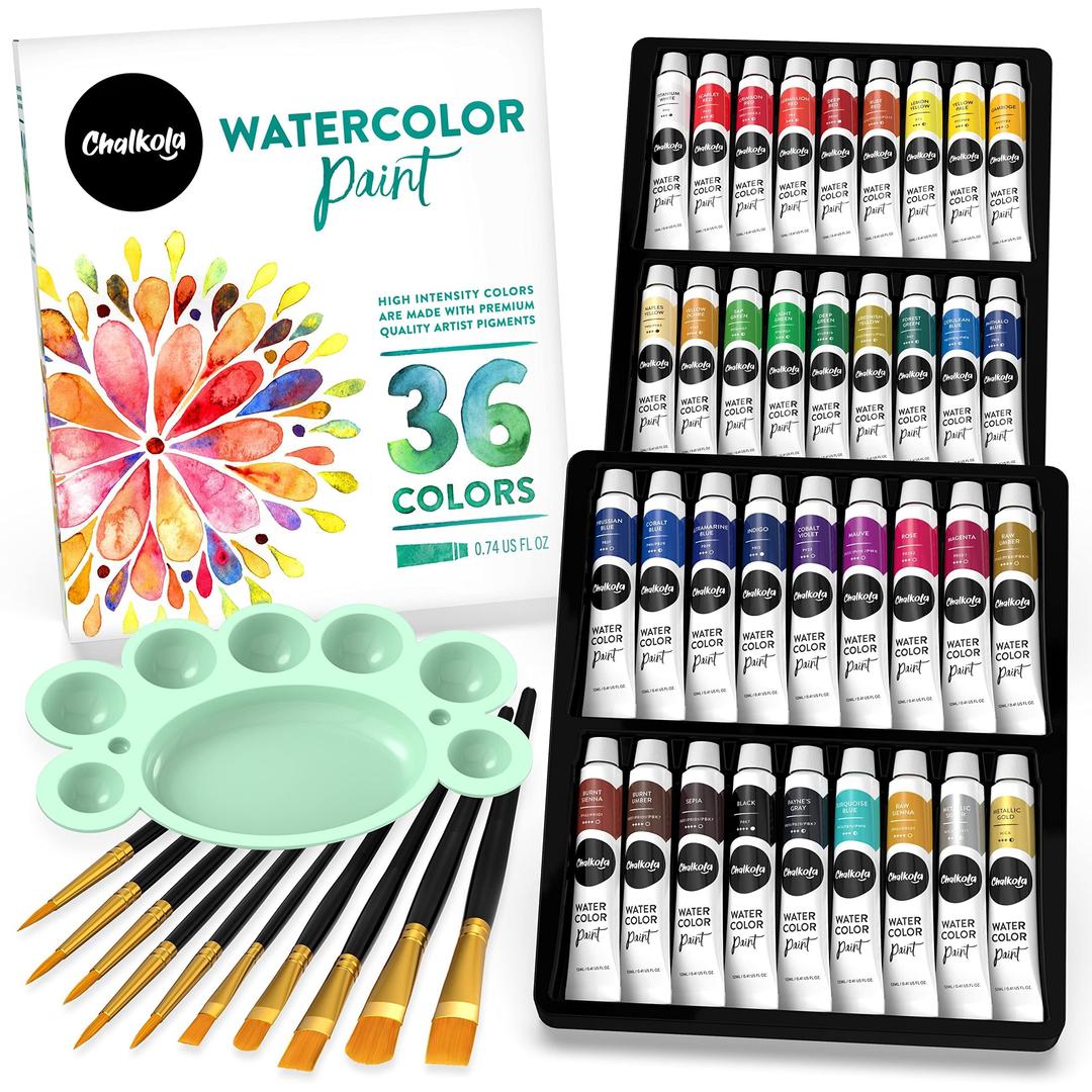 ChalkolaWatercolor Paint Set for Adults, Kids, Beginner & Professional Artists - 36 Watercolor Tubes Set (12ml, 0.4oz), 10 Painting Brushes & 1 Palette | Vibrant Water Color Art Painting Supplies