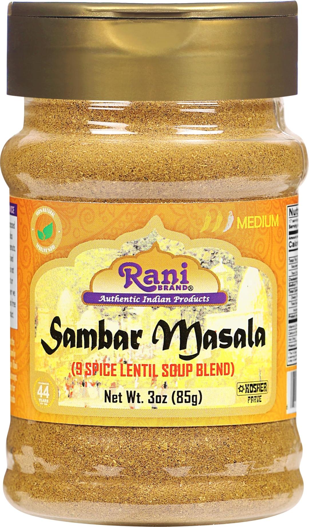 Rani Sambar Masala (Lentil Soup Spice Blend) 3oz (85g) PET Jar ~ All Natural | Vegan | No Colors | Gluten Friendly | NON-GMO | Kosher | Indian Origin