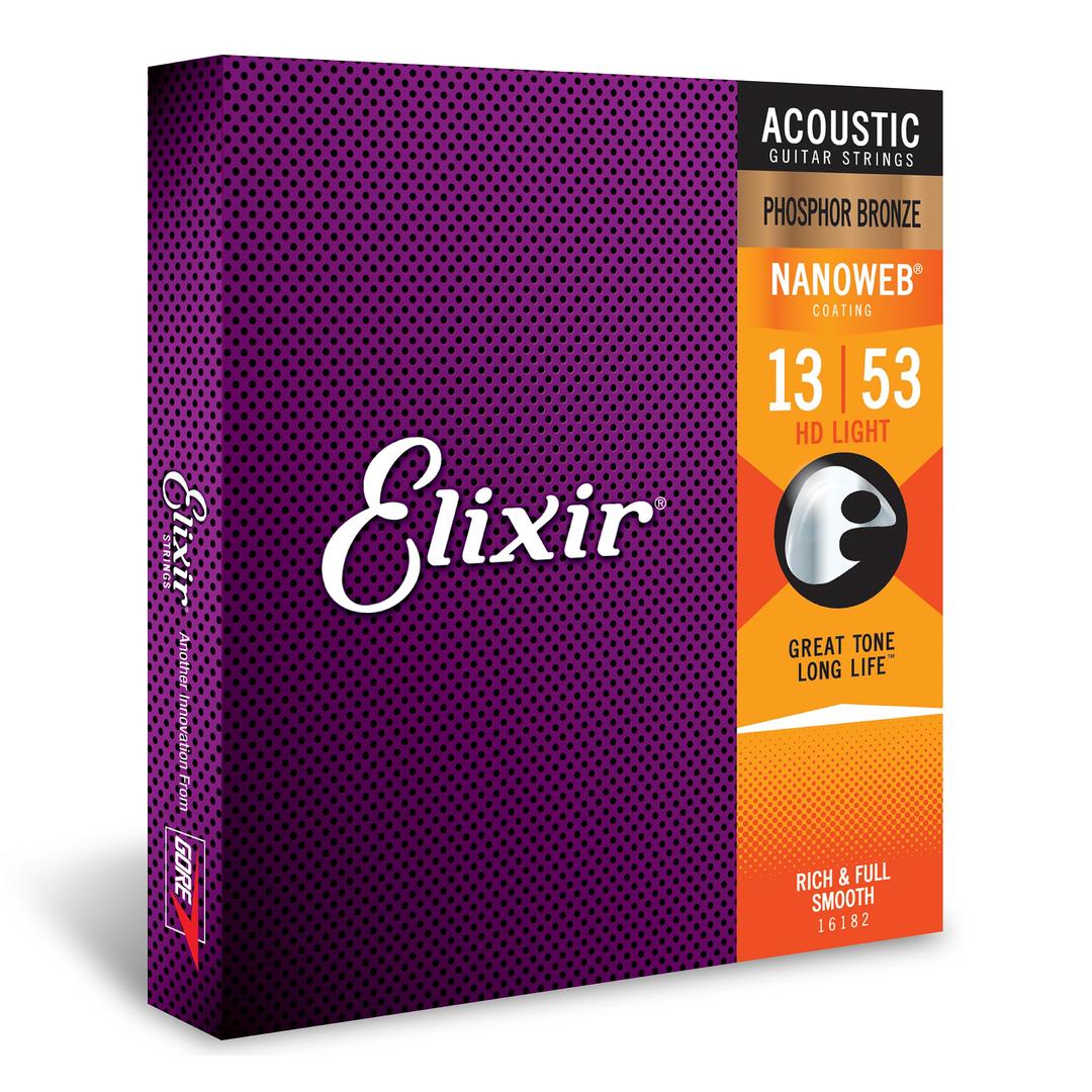 ElixirStrings, Acoustic Guitar Strings, Phosphor Bronze with NANOWEB Coating, Longest-Lasting Rich and Full Tone with Comfortable Feel, 6 String Set, HD Light 13-53