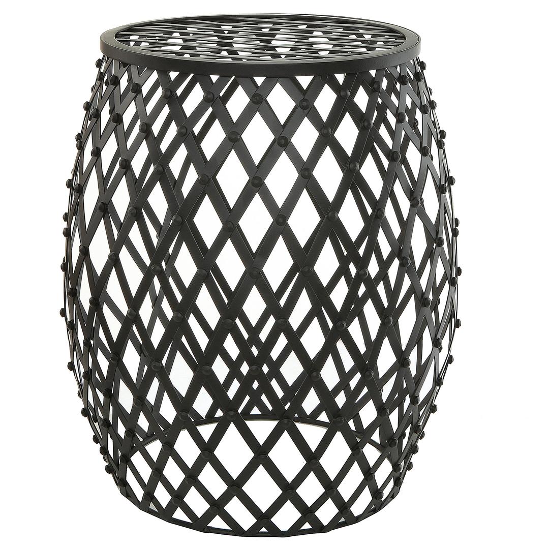 MyGift Outdoor Side Table, 18-inch Round Black Metal Garden Table for patio, Openwork Lattice Design Bohemian Style Decorative Tonneau Accent Table