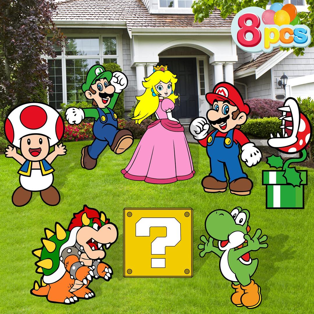 Mario Birthday Party Supplies, 8PCS Yard Signs with Stakes, Outdoor Lawn Party Decor, Mario Birthday Party Decorations, Yard Signs for Super Mario Theme Birthday Party