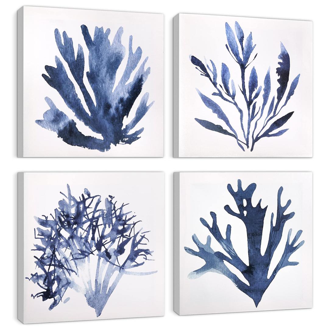 ArtbyHannah Blue Bathroom Wall Art, Beach Canvas Wall Art Decor with Coastal Ocean Coral Prints, 4 Pack Modern Navy Blue Wall Art (12x12 Inch)