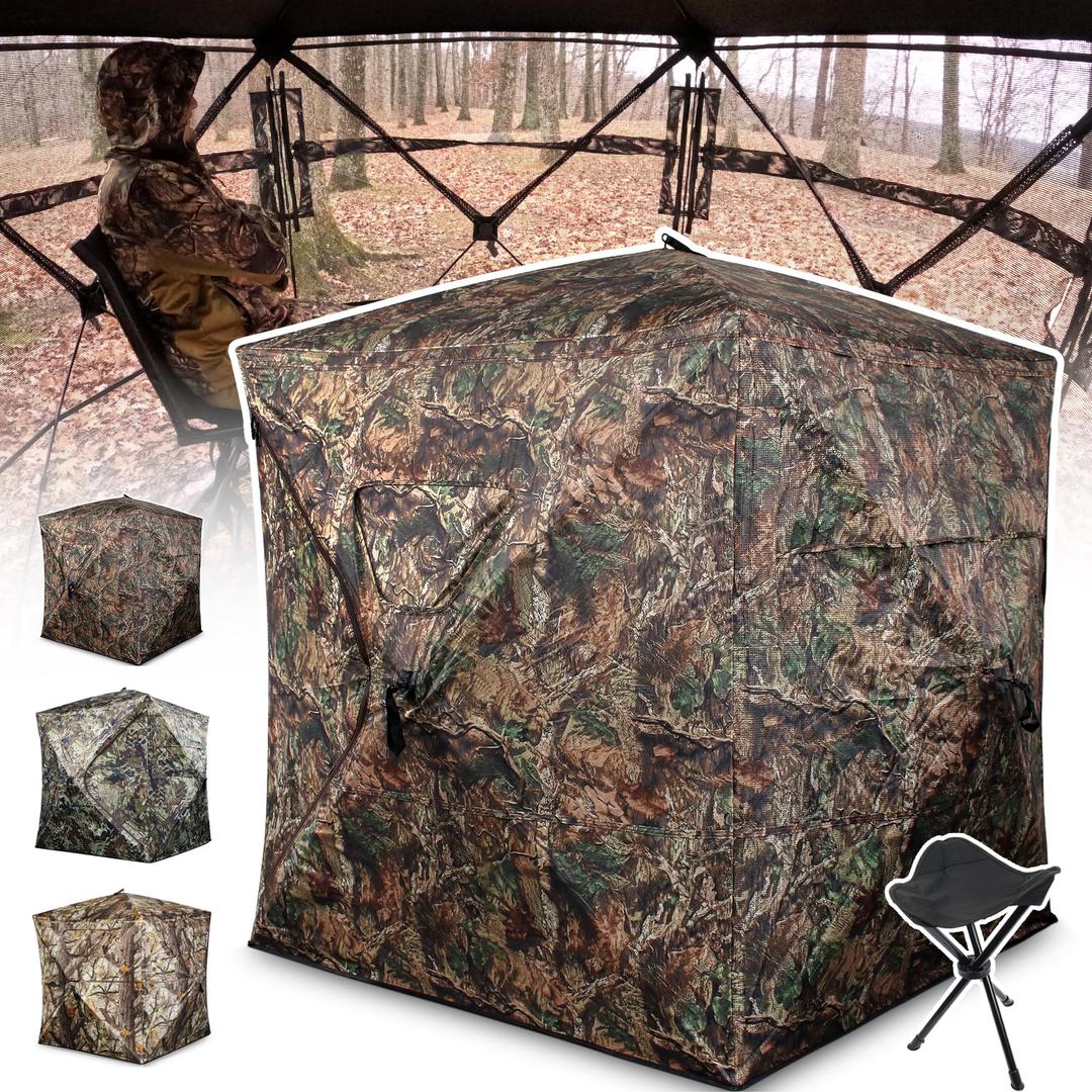 Hunting Blind 1-3 Person with Tri-Leg Hunting Stool, 270 Degree See Through Pop up Ground Blinds for Deer Turkey Duck Hunting, Bow Hunting Adjust Windows with Silent Zipper