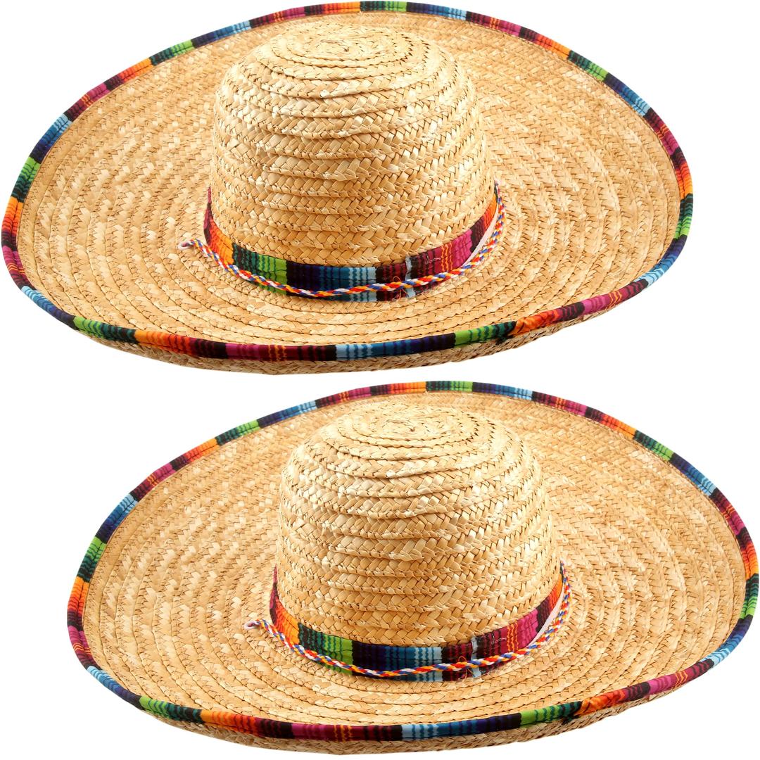 Cagemoga2 Packs Mexican Sombrero Hat with Serape Trim Large Straw Sombrero Hat for Cinco De Mayo Carnival Mexican Theme Party Costume Accessories