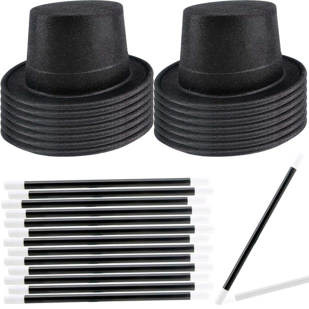 14 Pcs Plastic Glitter Top Hats with 14 Pcs Magician Wand Top Black Top Hats Magician Hats for Men Women Halloween Cosplay Party Supplies