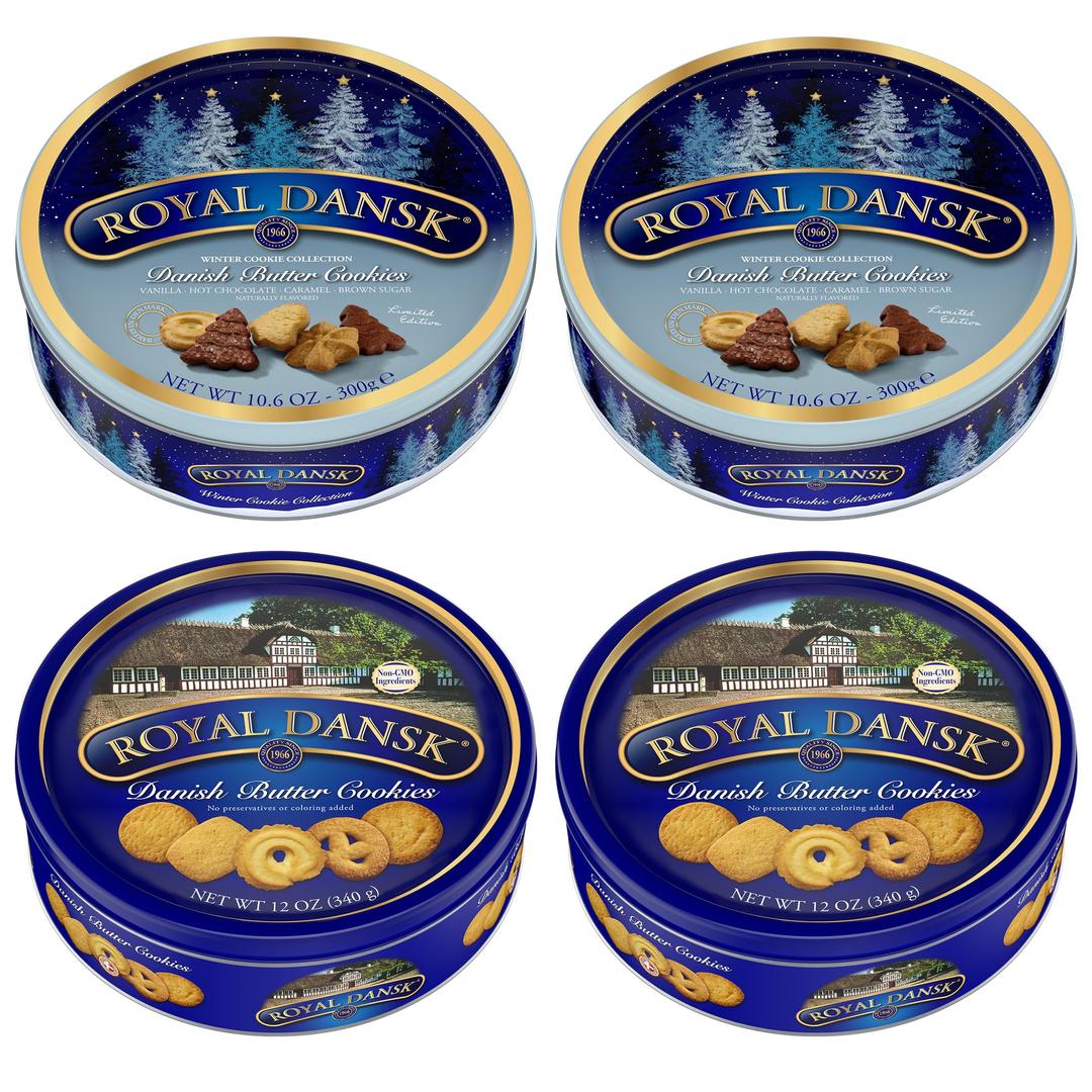 Royal DanskDanish Butter Cookies, 4 Pack, Original Assortment & Winter Cookie Collection, Christmas Holiday Cookies, Gift Tins, 45.2 oz Total