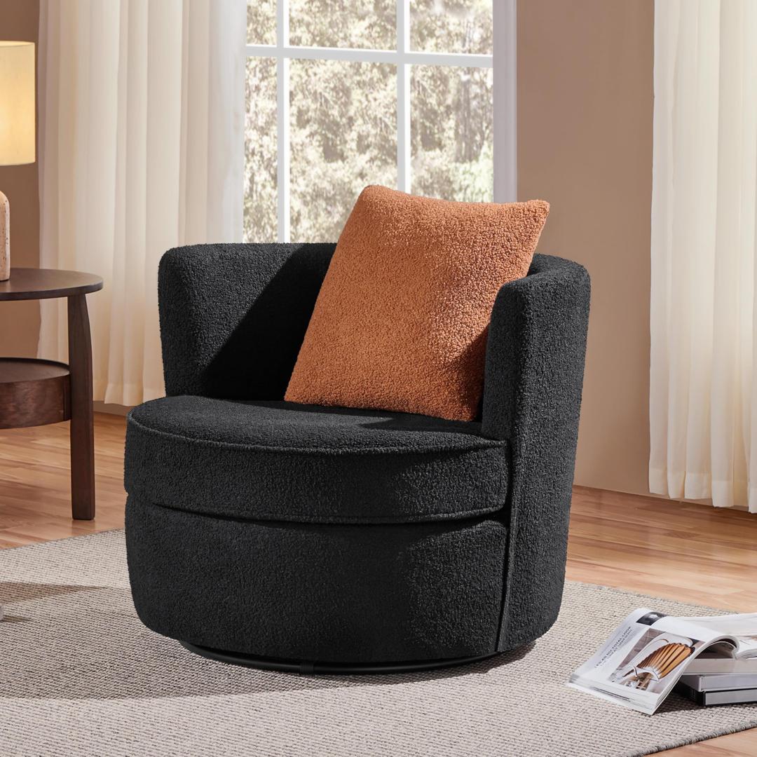 Yaheetech Swivel Barrel Chair, 34.5″ W Oversized Teddy Upholstered Round Swivel Chair, 360° Soft Boucle Accent Arm Chair with Throw Pillow, Single Sofa Chair for Living Room Bedroom Reading Black