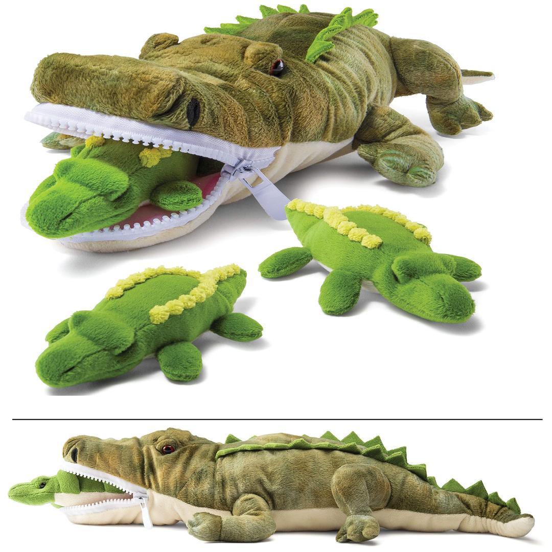 Prextex24" Large Alligator Stuffed Animal with 3 Baby Alligators Plush Toy - Big Plush Alligator Zippers 3 Small Stuffed Animals for Boys & Girls - Plush Toys for Kids 3-5