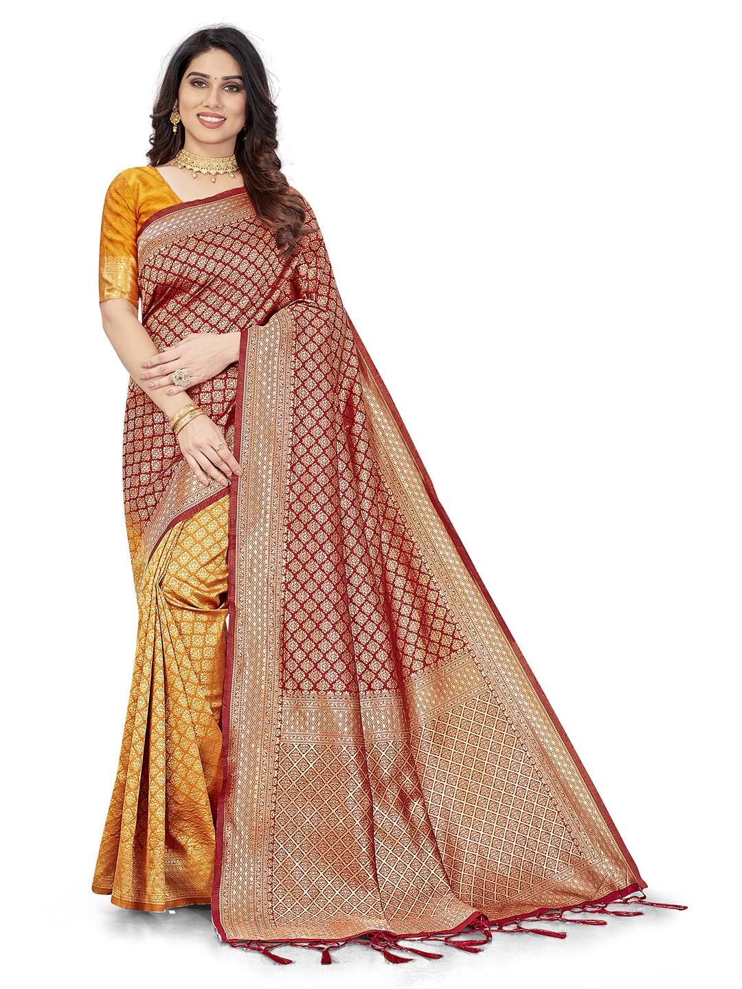 Nivah Fashion Women's Jacquard Kanjivaram Silk Half Half Saree With Blouse Piece (US.S45-Red)