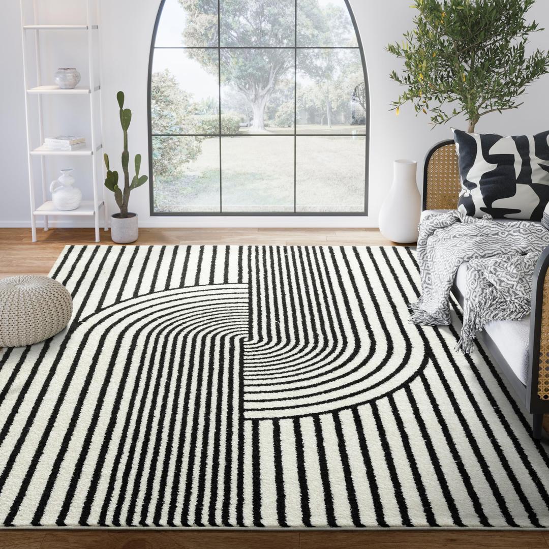 Abani Nuevo Collection Area Rug - Mid-Century Black and White Arch Knot Design - 4' x 6' - for Living Room, Bedroom & Office