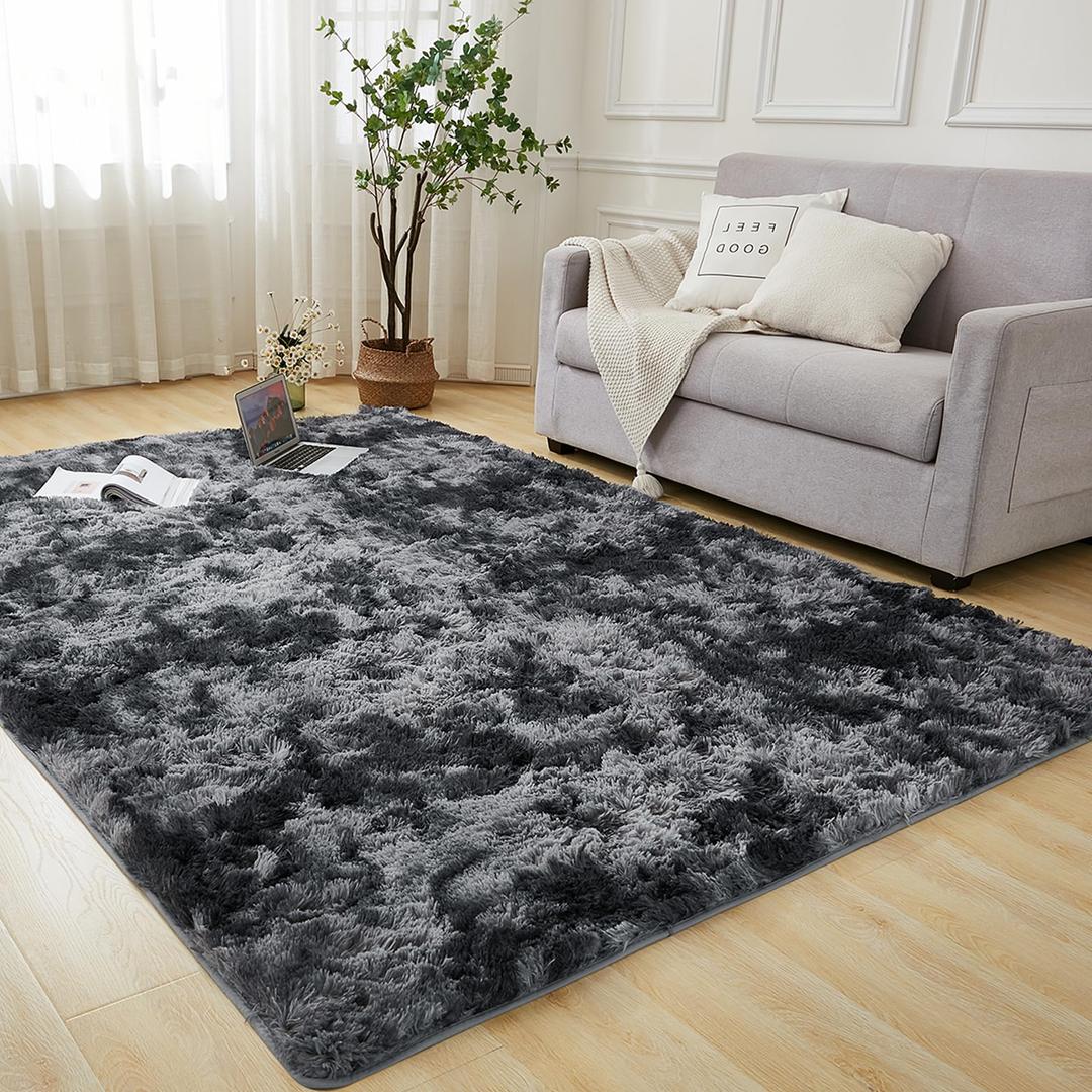 Andency 4x6 Shag Area Rug for Living Room, Tie-Dyed Dark Grey Soft Fuzzy Plush Indoor Carpets for Bedroom, Non Skid Fluffy Faux Fur Rug for Nursery Kids Boys Girls Room